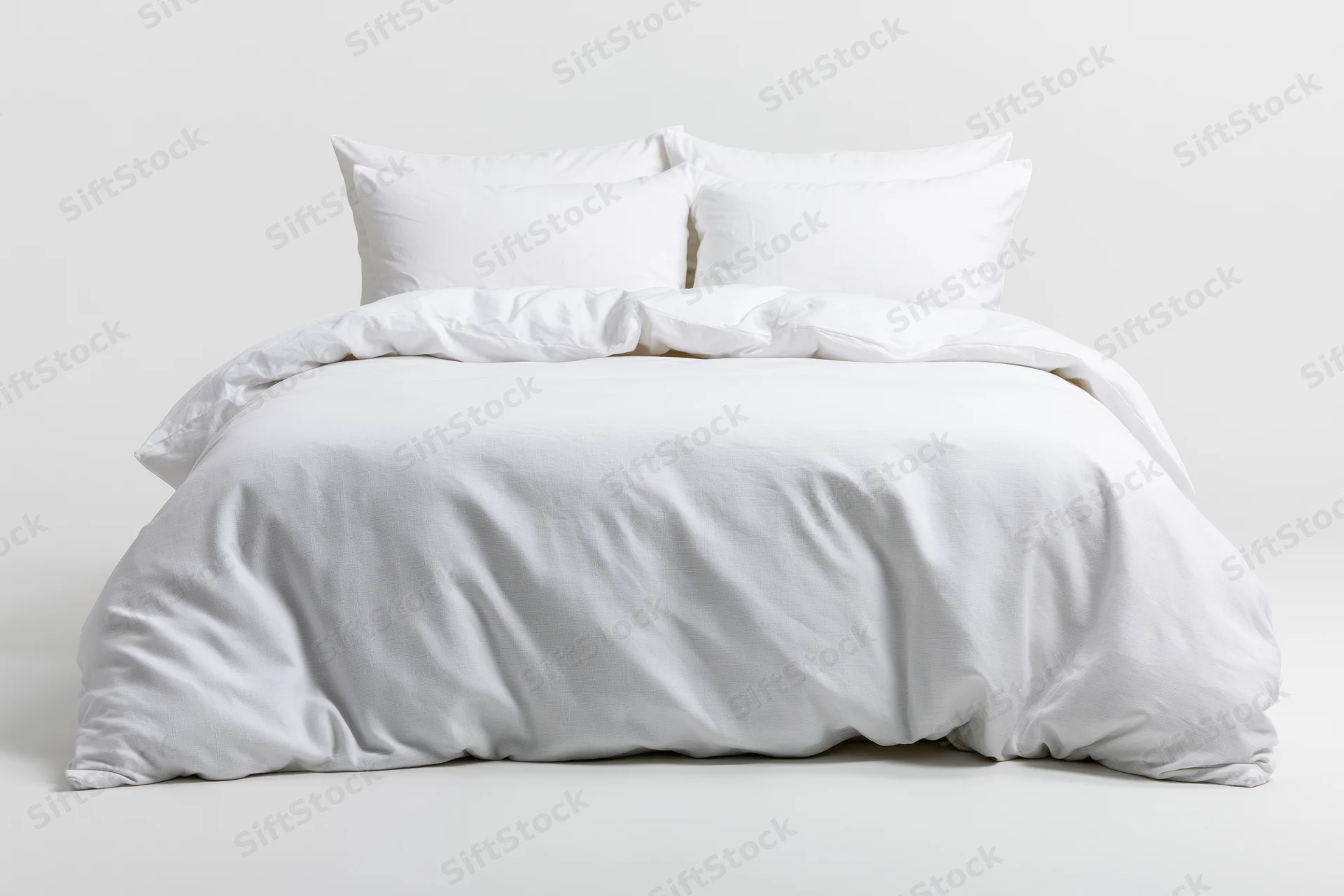 White bed with four pillows and duvet on plain background