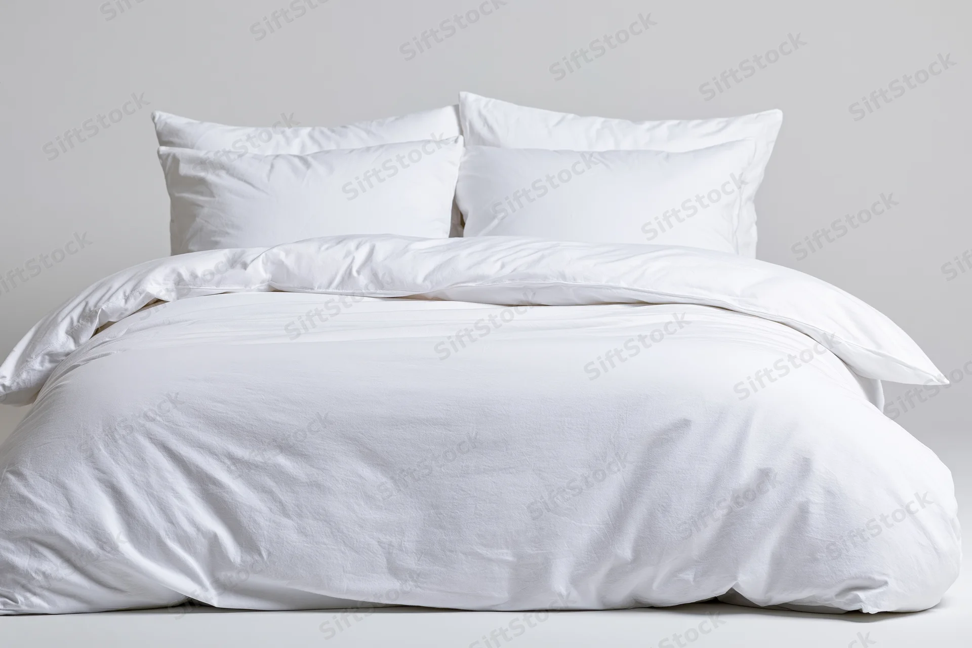 Neatly made bed with white comforter and four pillows against plain white background