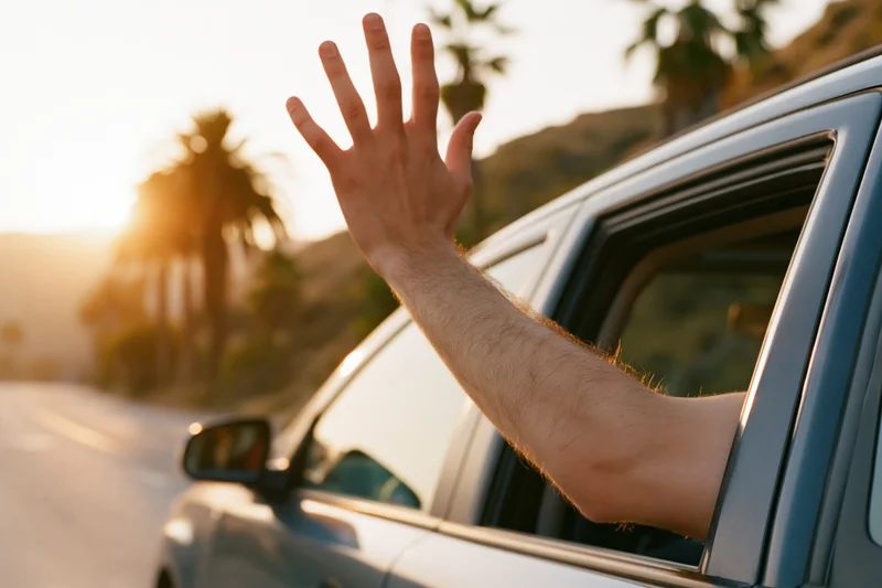 Man’s arm and open hand reaching out of car window on a scenic road at sunset