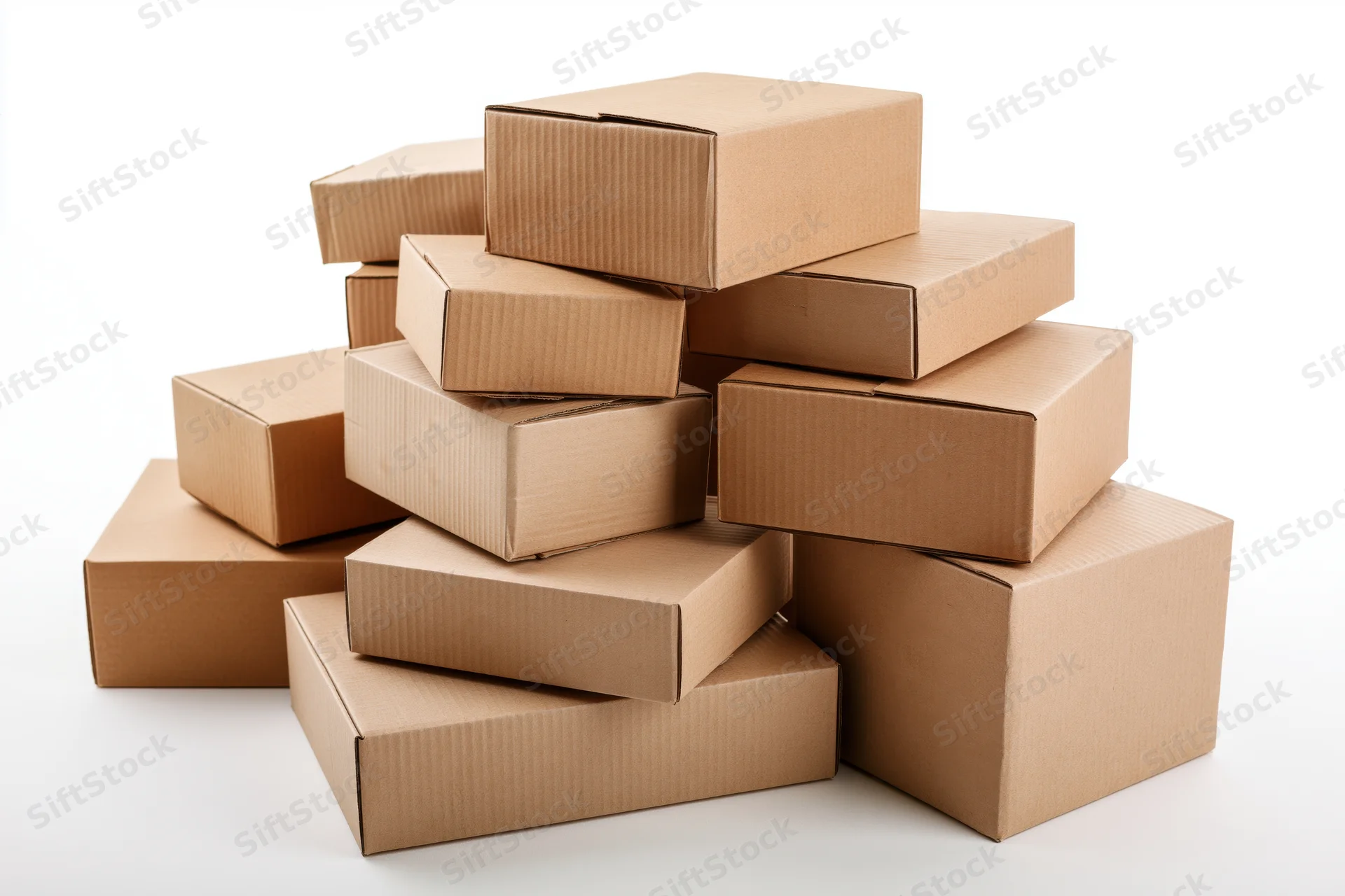 Stack of closed cardboard shipping boxes piled together on white background