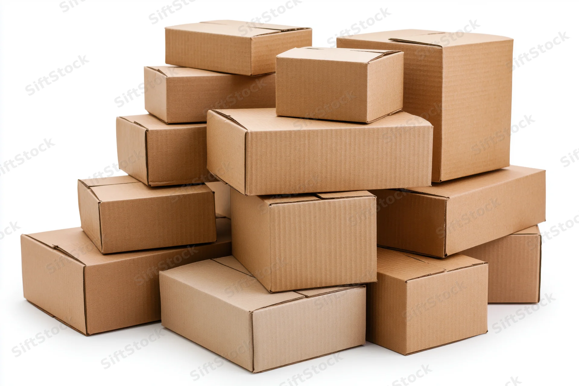 Stack of assorted closed cardboard shipping boxes on white background