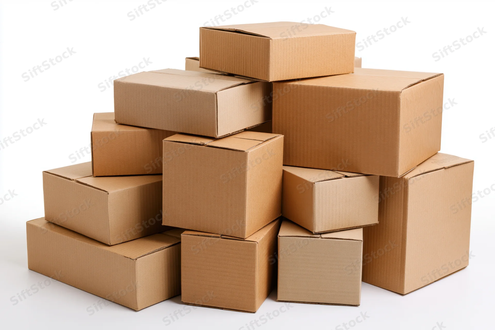 Stack of closed cardboard shipping boxes piled on white background