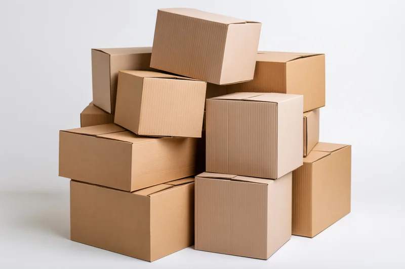 Stack of cardboard shipping boxes piled together on white background