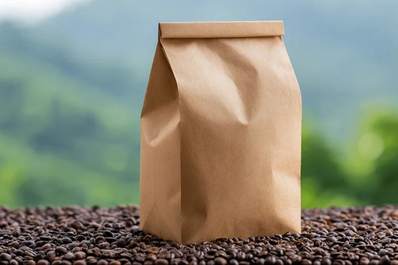 Kraft paper coffee bag standing upright on a bed of roasted coffee beans with blurred green mountain landscape in background