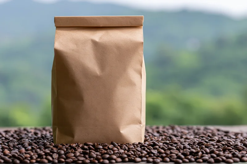 Plain kraft paper coffee bag standing on a bed of roasted coffee beans with blurred green landscape in background