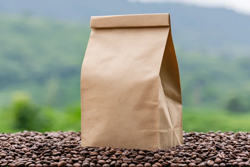 Plain kraft paper coffee bag standing upright on a bed of roasted coffee beans with green mountain landscape in background