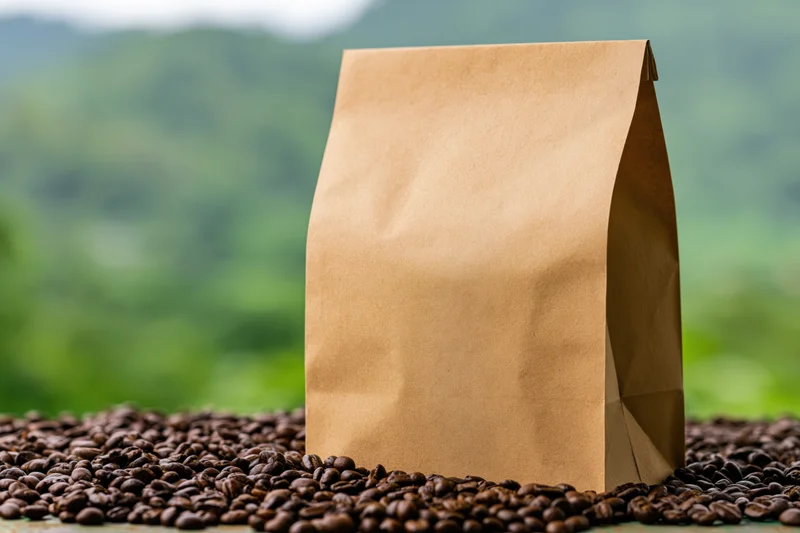 Kraft paper coffee bag standing upright on a bed of roasted coffee beans with green mountain landscape in background