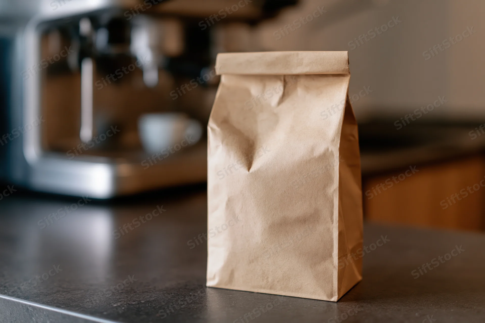 Kraft paper coffee bag standing upright on dark kitchen countertop near espresso machine