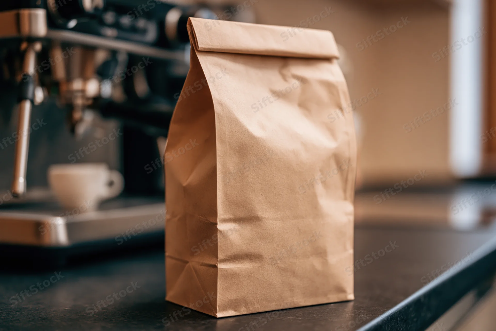 Kraft paper coffee bag standing upright on dark countertop in cafe interior