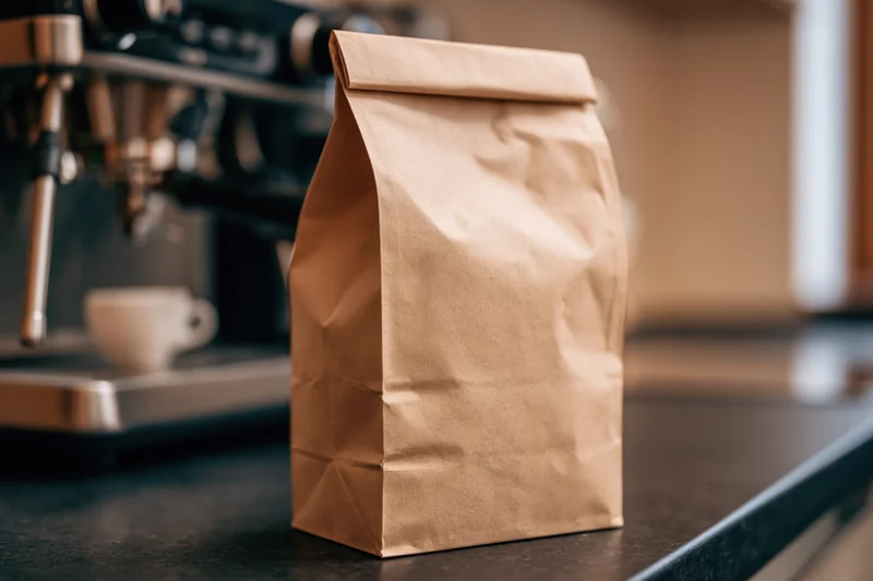 Kraft paper coffee bag standing upright on dark countertop in cafe interior
