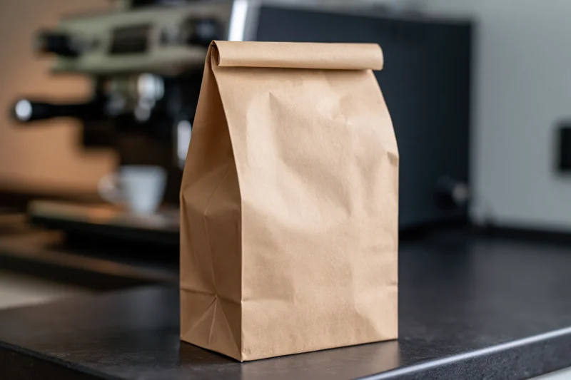 Brown kraft paper coffee bag standing upright on dark countertop in cafe