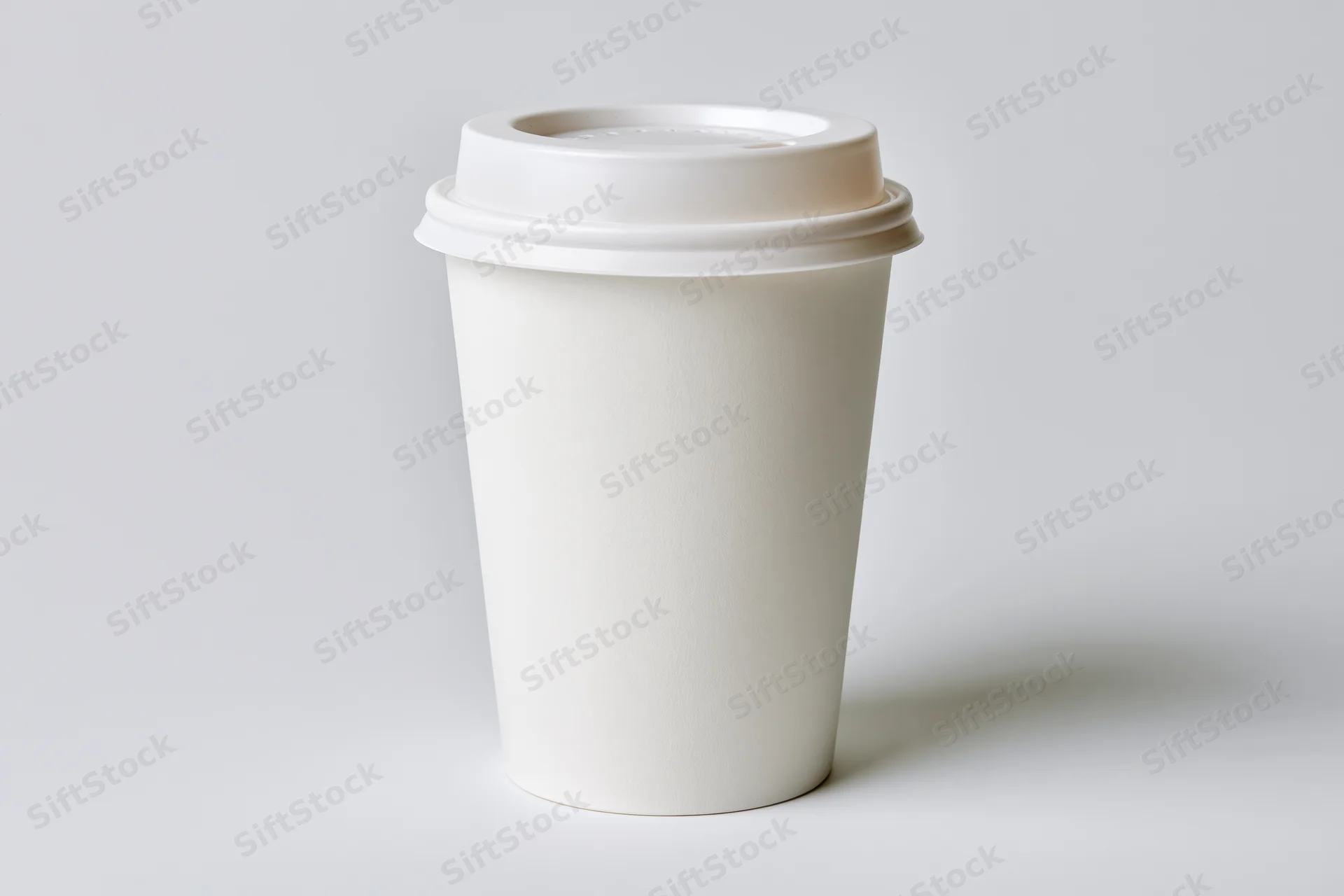 White disposable paper coffee cup with plastic lid on plain background
