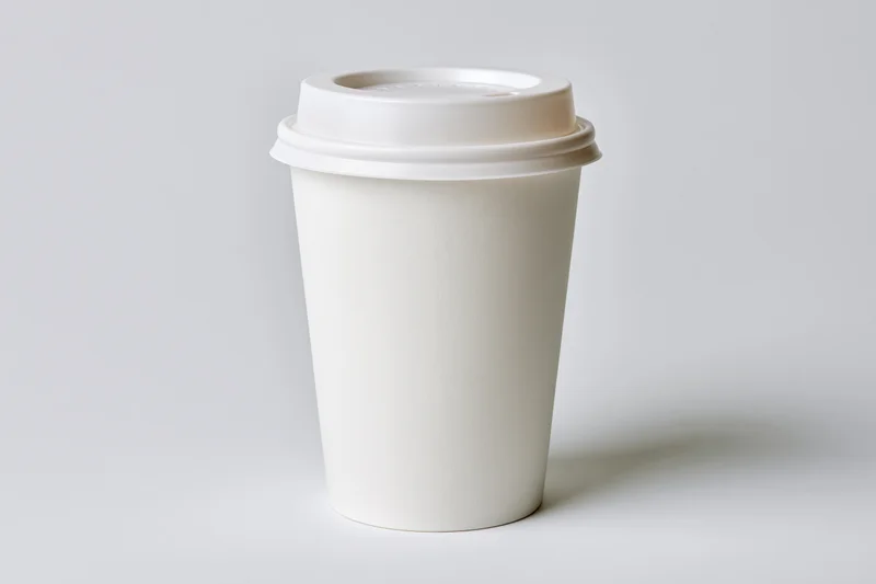 White disposable paper coffee cup with plastic lid on plain background