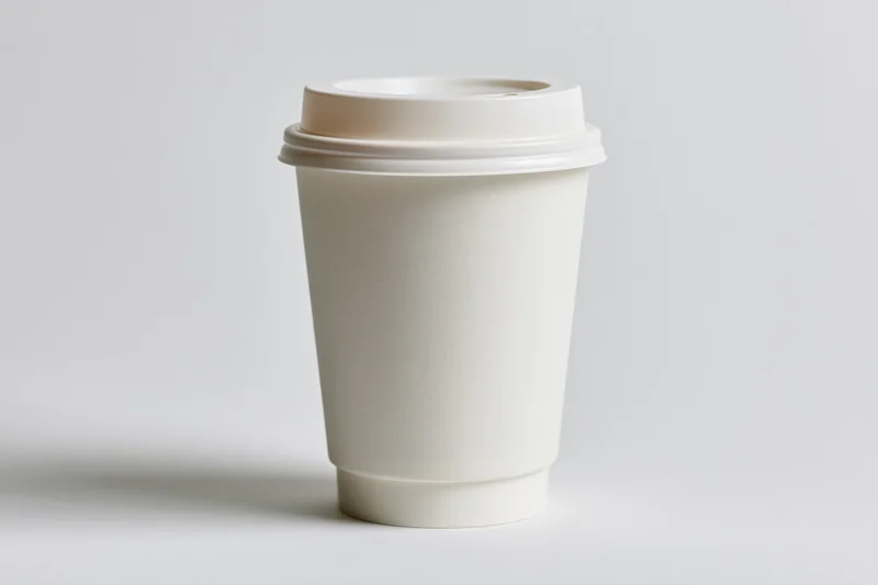 White disposable paper coffee cup with plastic lid on plain background