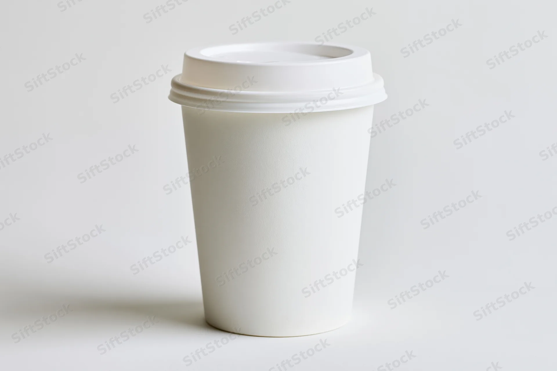 White disposable paper coffee cup with plastic lid on plain white surface
