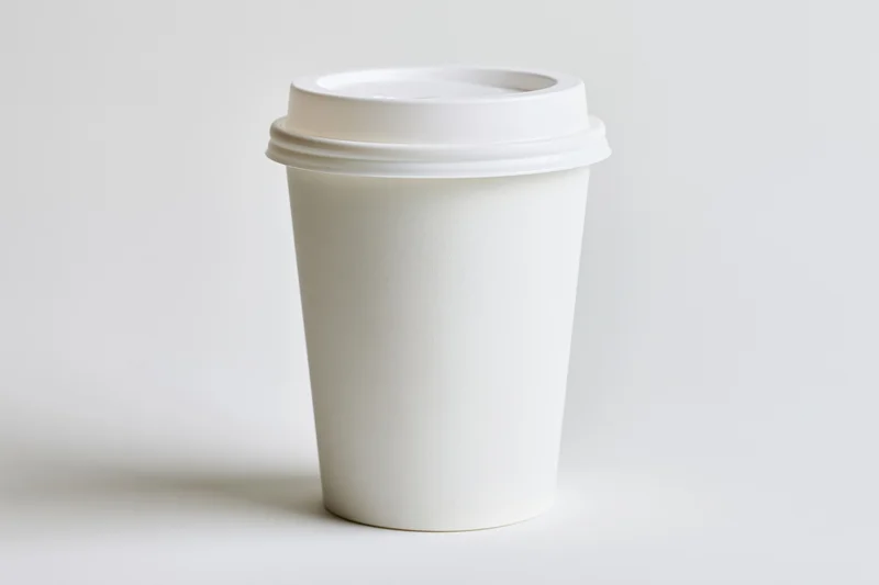 White disposable paper coffee cup with plastic lid on plain white surface
