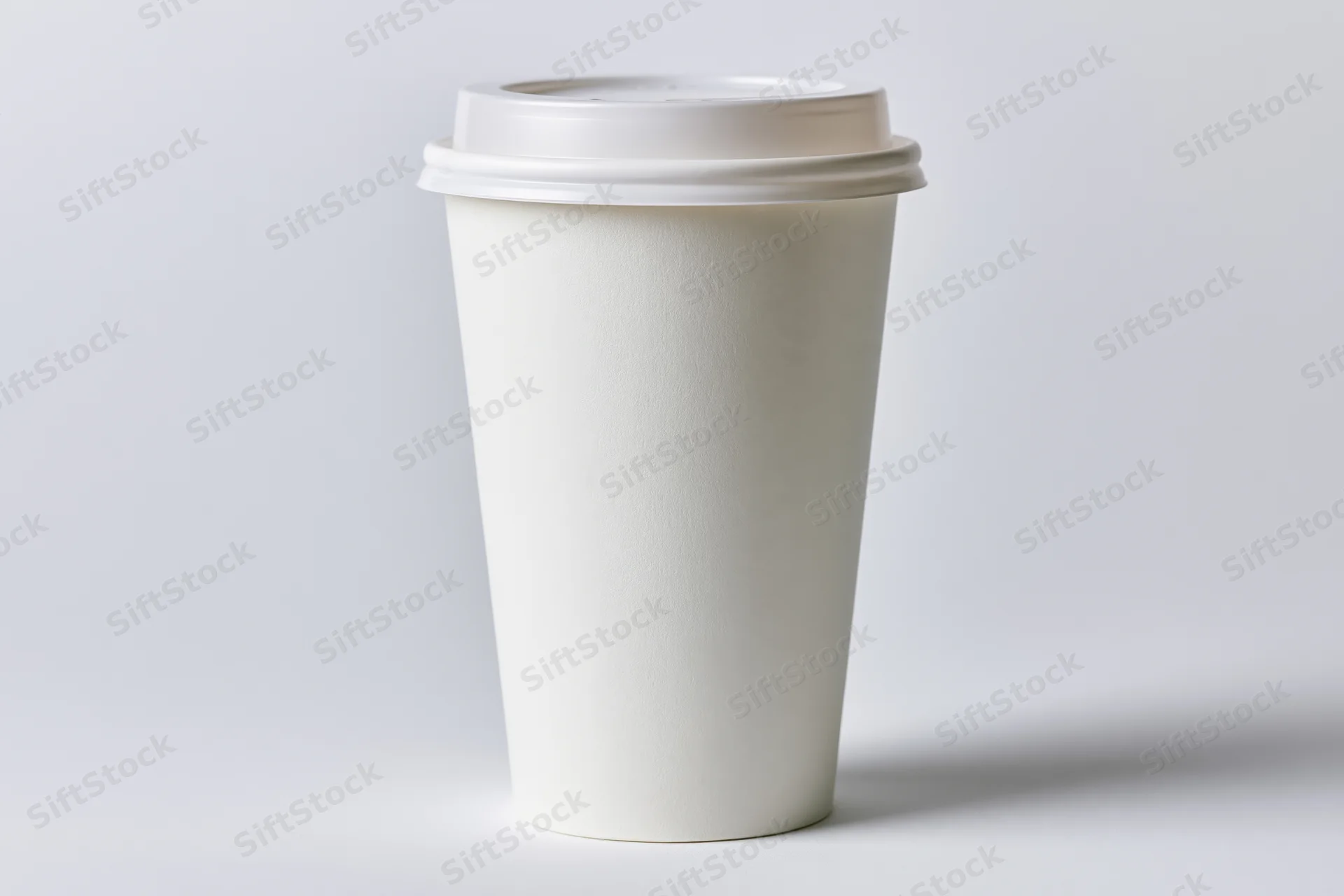 White disposable paper coffee cup with plastic lid on plain background