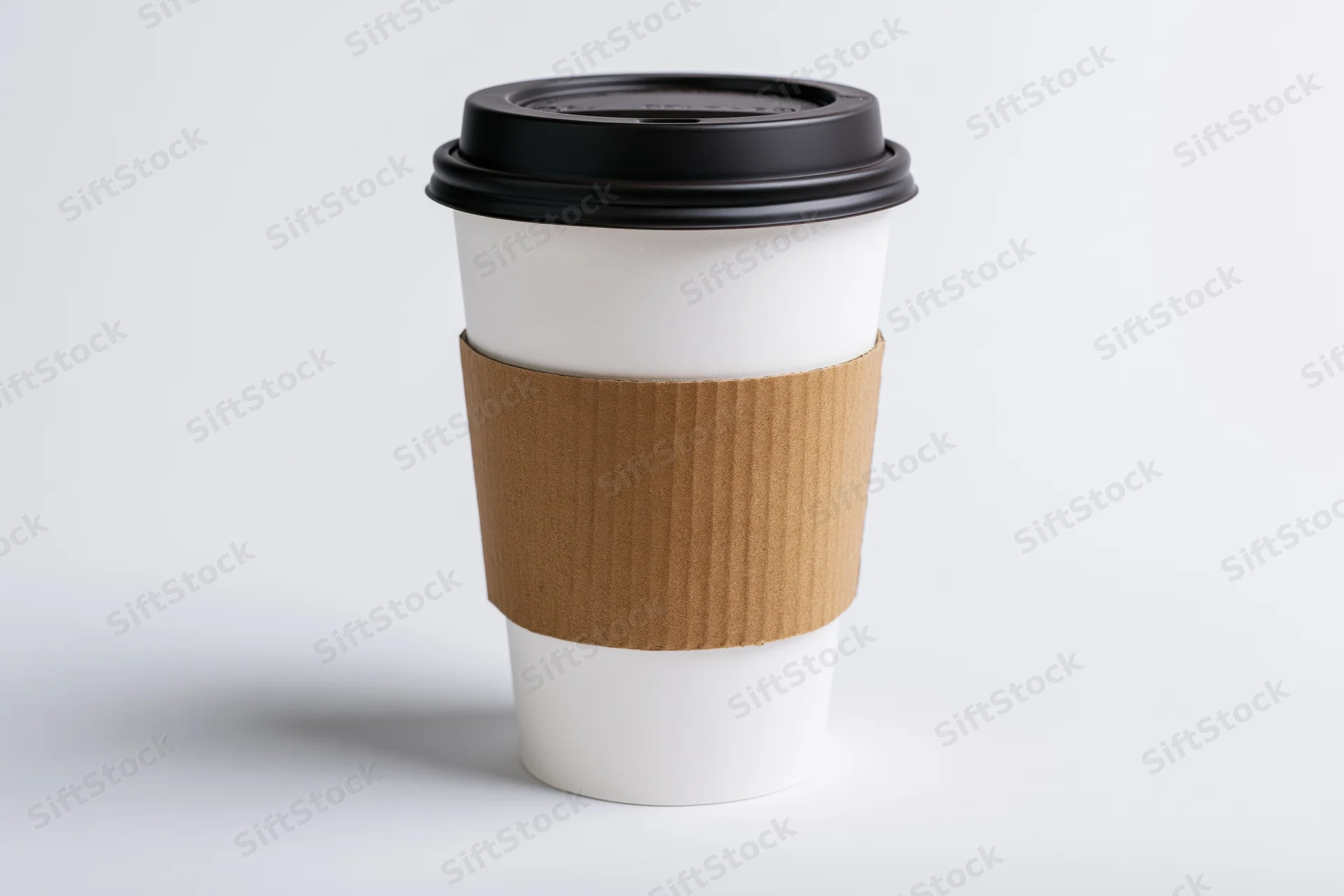 White paper coffee cup with kraft sleeve and black lid on plain white background