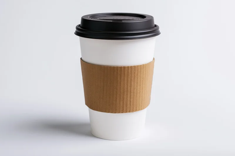 White paper coffee cup with kraft sleeve and black lid on plain white background