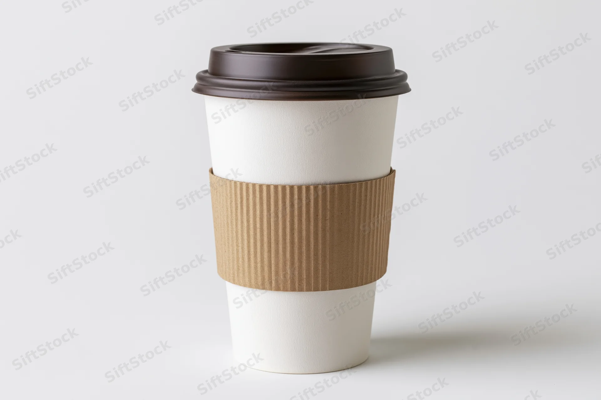 White paper coffee cup with kraft sleeve and dark lid on plain white surface