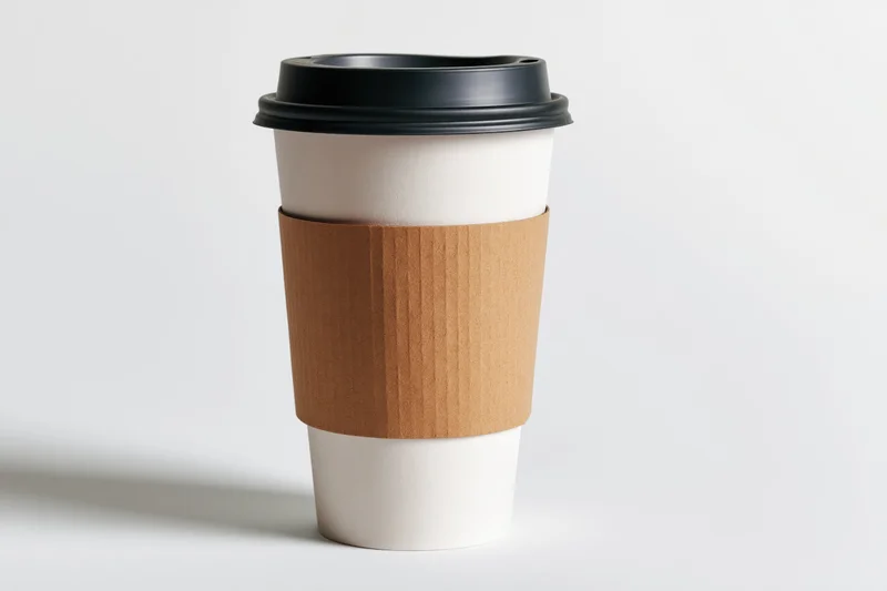 White paper coffee cup with kraft sleeve and black lid on plain white surface
