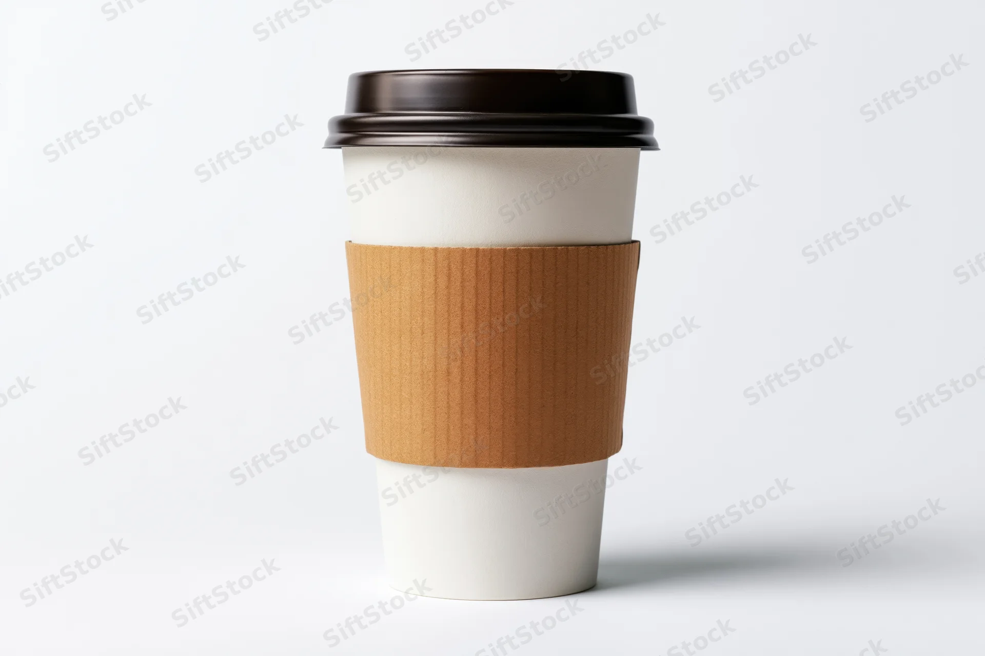 White paper coffee cup with brown kraft sleeve and black lid on plain white background