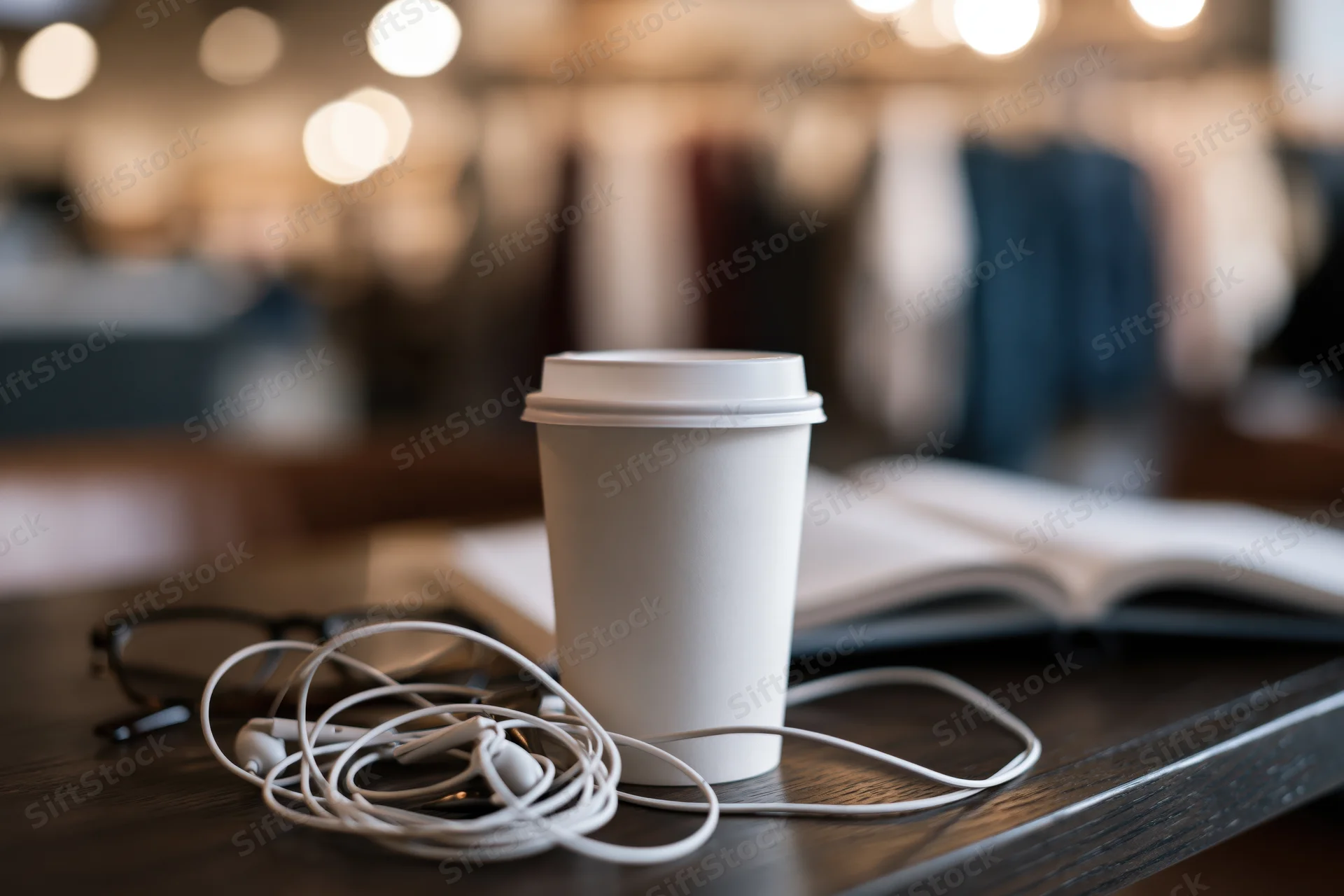 White paper coffee cup with lid on dark wooden table beside coiled wired earphones and open book in cafe interior