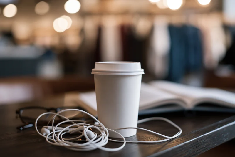 White paper coffee cup with lid on dark wooden table beside coiled wired earphones and open book in cafe interior