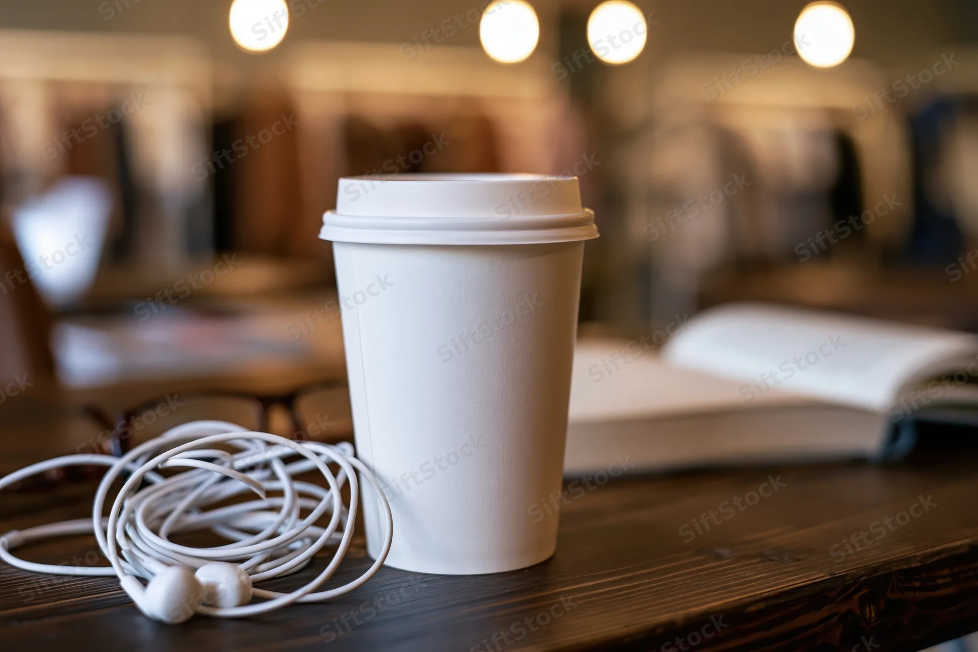 White paper coffee cup with lid on dark wooden table beside coiled earphones and open book in softly lit cafe interior