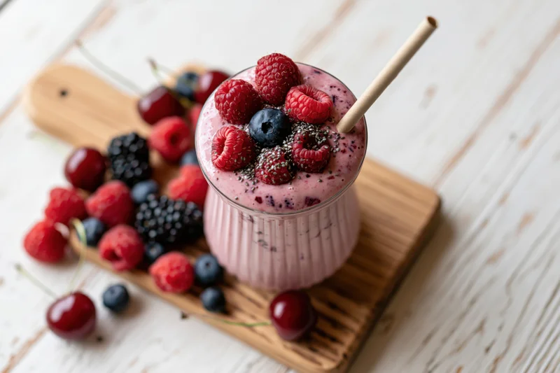Pink berry smoothie in ribbed glass topped with fresh berries and chia seeds on wooden cutting board