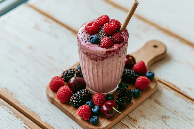 Pink berry smoothie in ribbed glass topped with fresh fruit and chia seeds on wooden cutting board