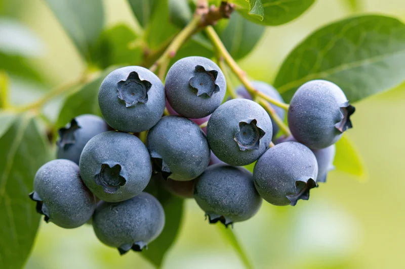 Ripe blueberries clustered on a stem with green leaves in a garden setting