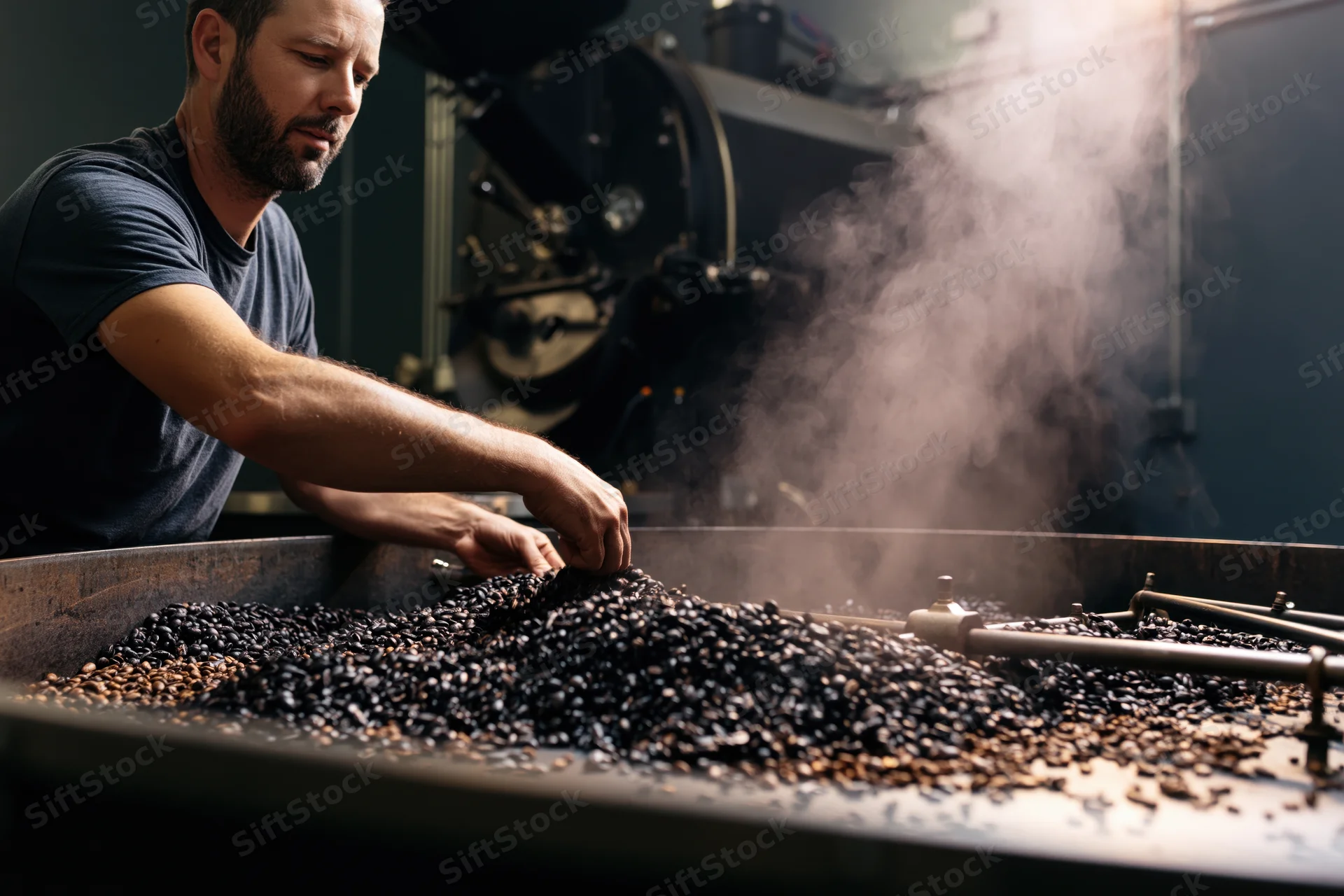 Man stirring roasted coffee beans in a roasting tray at a coffee factory
