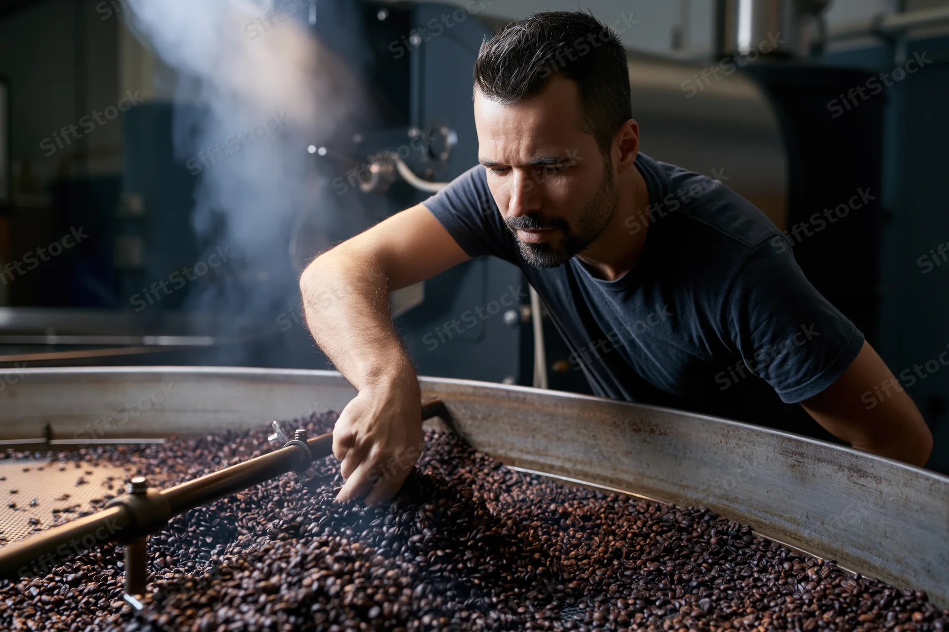 Man stirring roasted coffee beans in a roasting drum at a factory