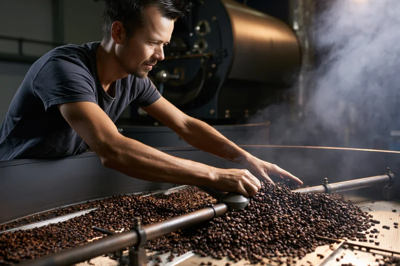 Man stirring freshly roasted coffee beans on a cooling tray in a roasting facility
