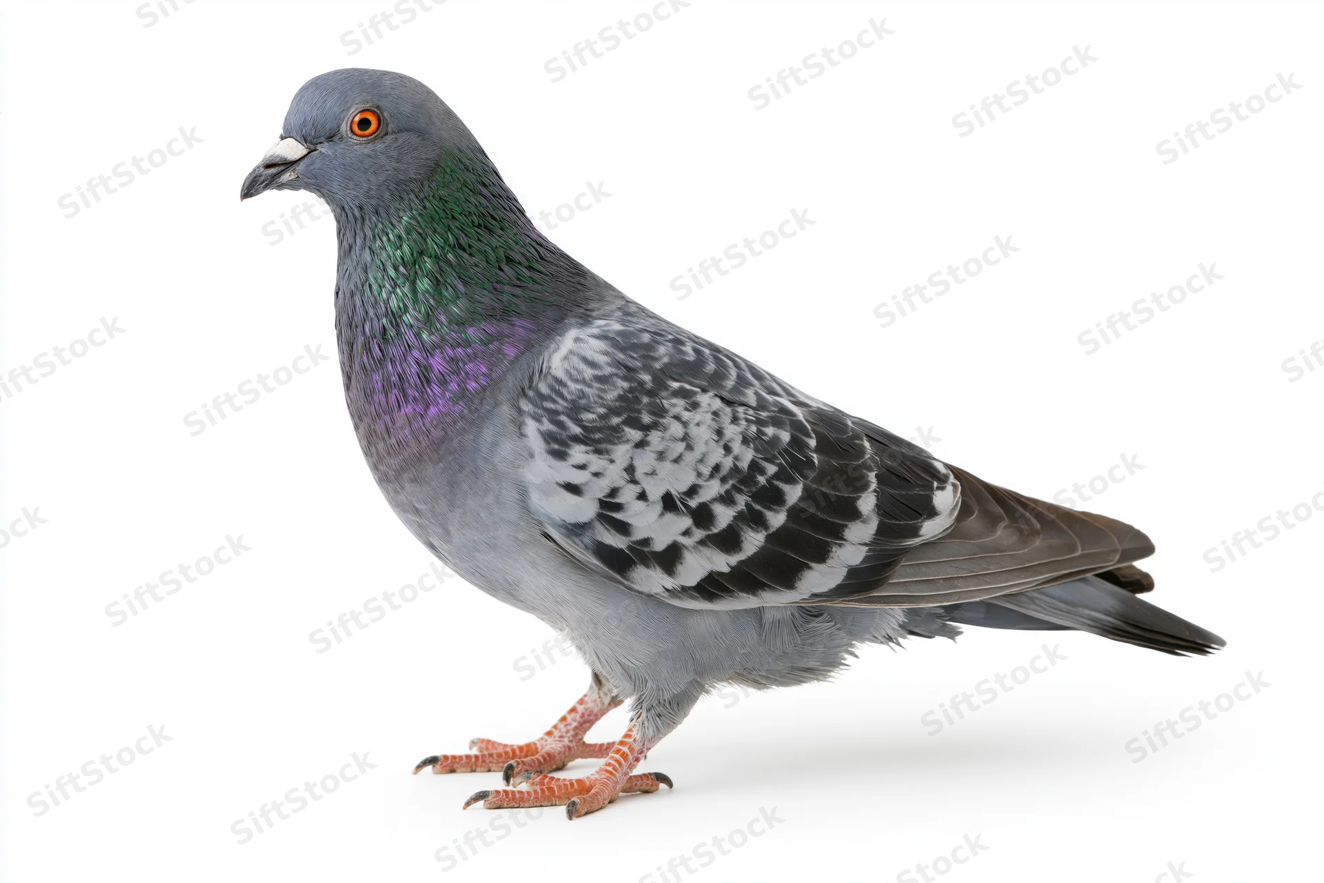 Rock pigeon standing still in side profile against white background