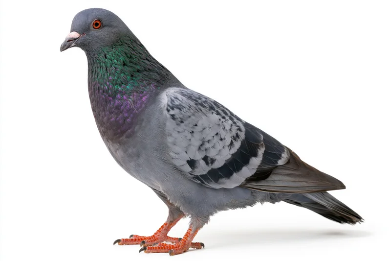Rock pigeon standing in profile on white background