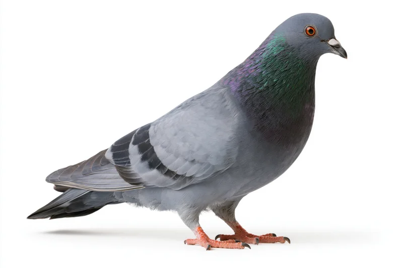Rock pigeon standing in profile against white background