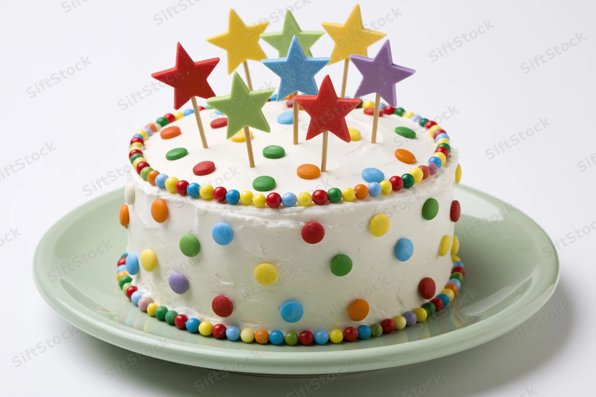 Round white frosted birthday cake decorated with colorful star toppers and polka dots on a green plate