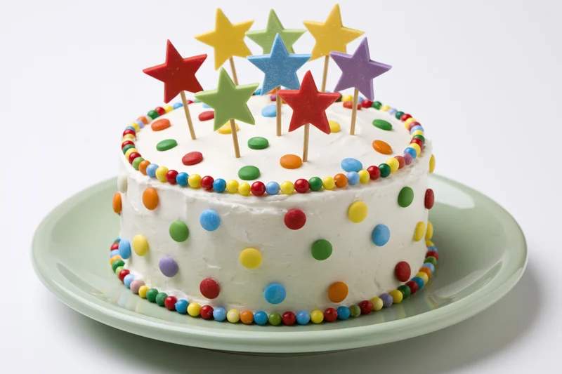Round white frosted birthday cake decorated with colorful star toppers and polka dots on a green plate