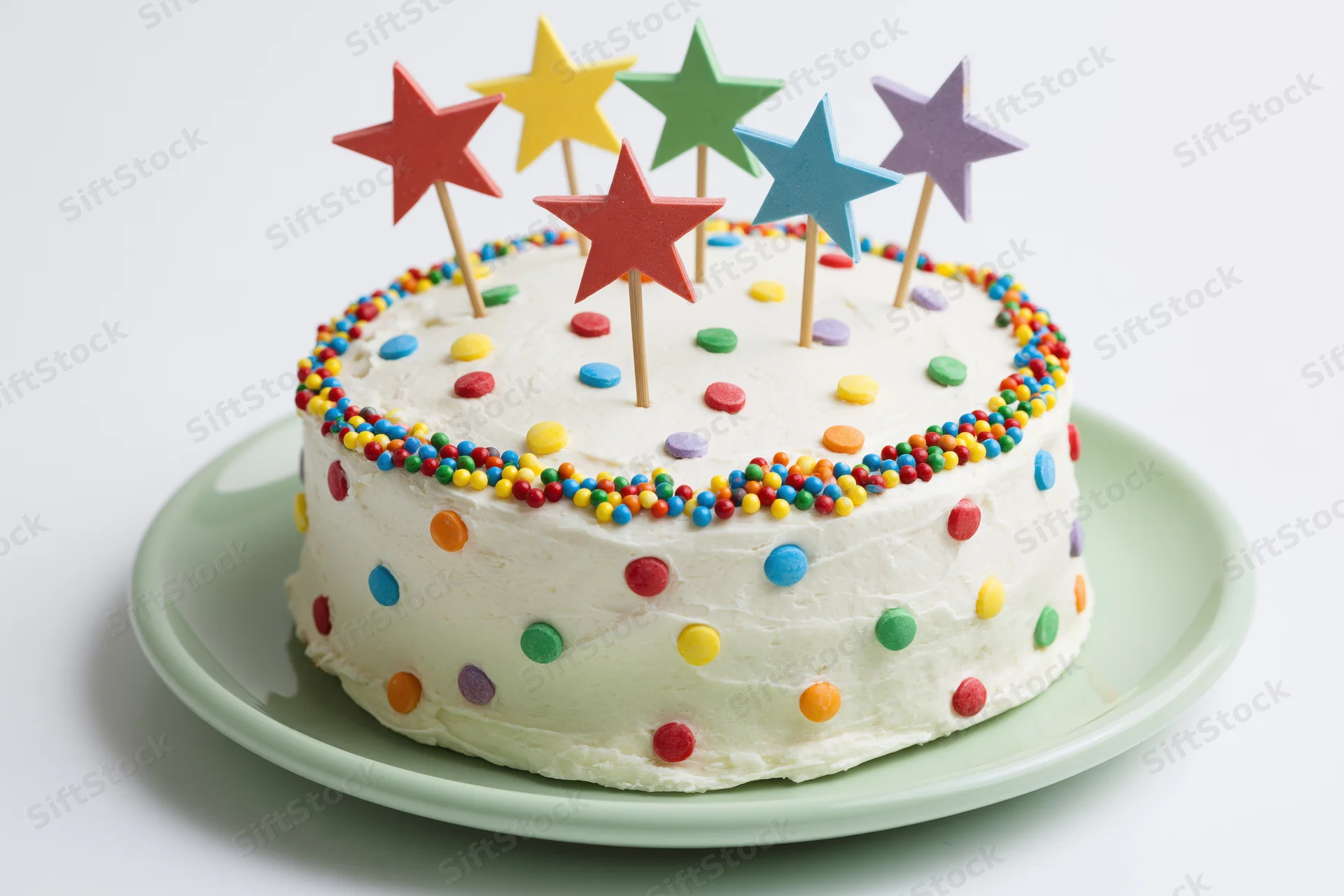 Round white frosted birthday cake with colorful star toppers and sprinkles on a green plate