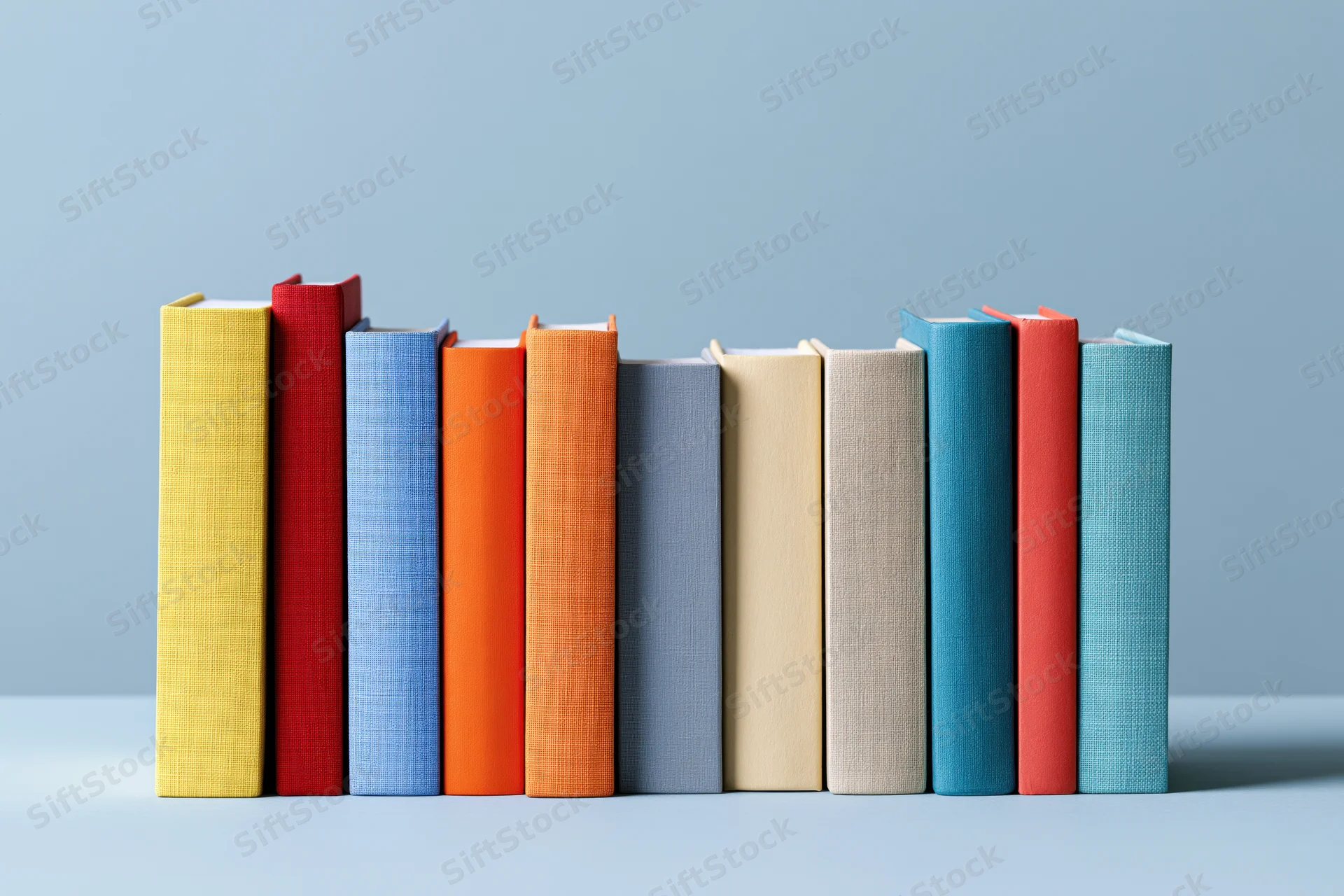 Row of colorful hardcover books standing upright on a flat surface