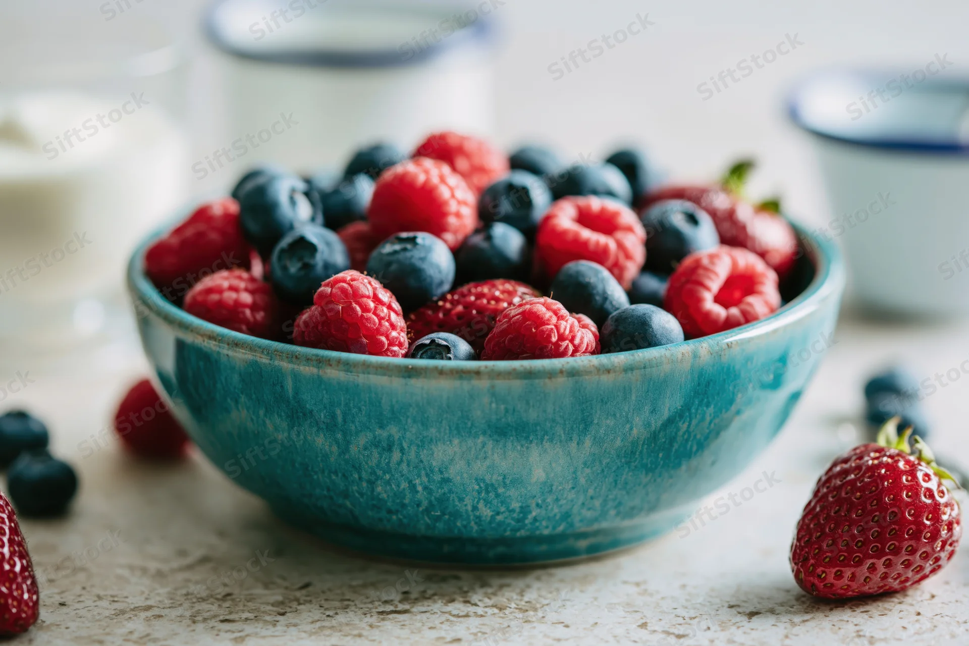 Turquoise ceramic bowl filled with fresh mixed berries on a rustic countertop