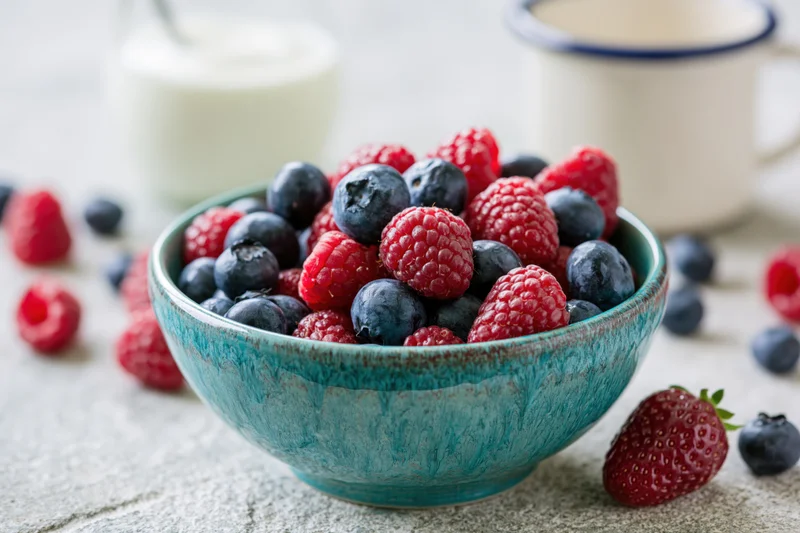 Turquoise ceramic bowl filled with fresh mixed berries on a light stone countertop