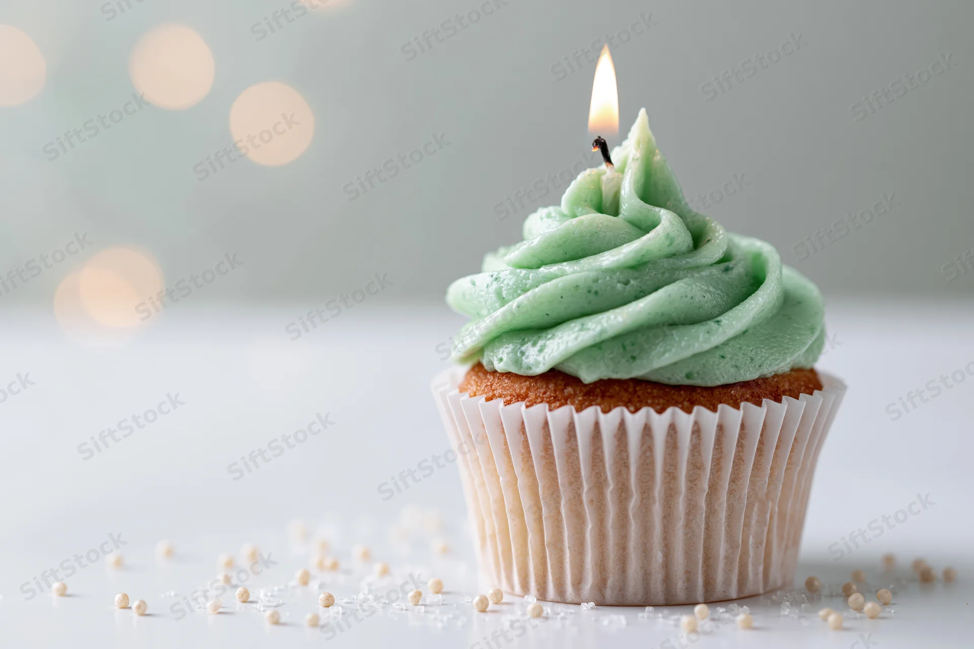 Single birthday cupcake with mint green swirled frosting and lit candle on white surface