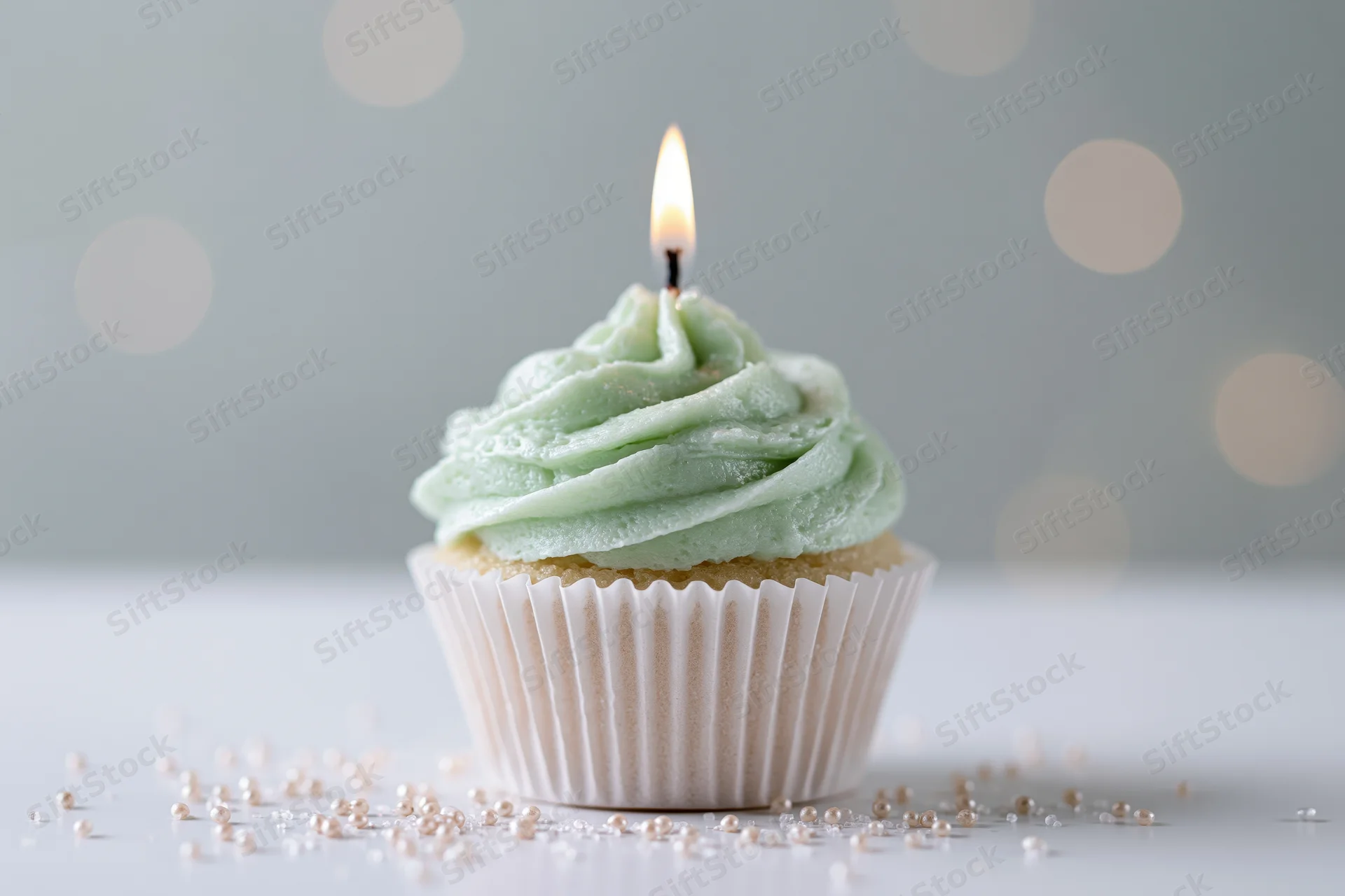 Single birthday cupcake with mint green swirled frosting and lit candle on white surface with bokeh background