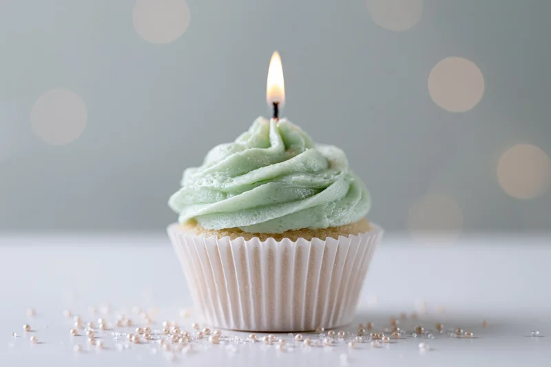 Single birthday cupcake with mint green swirled frosting and lit candle on white surface with bokeh background