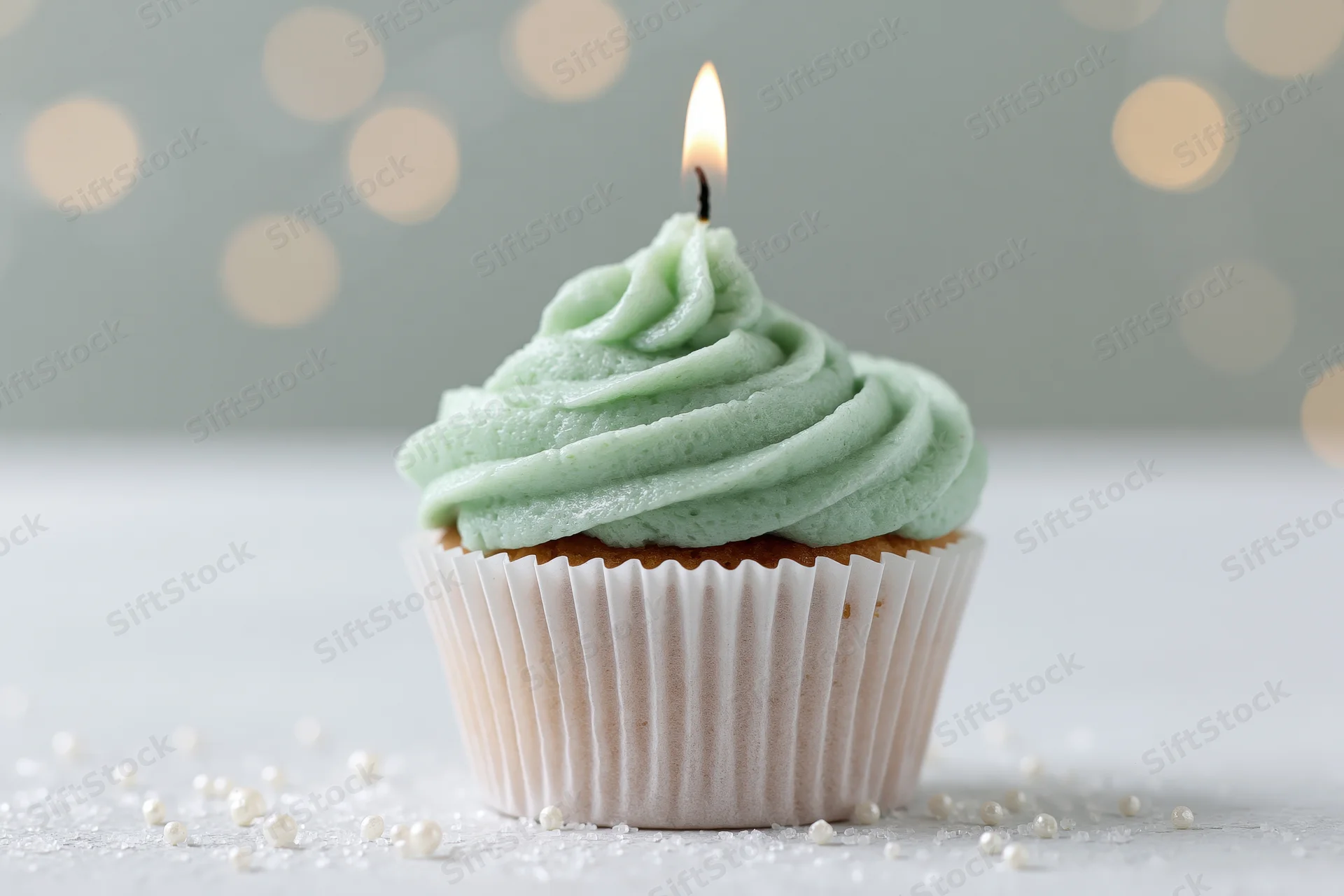 Single birthday cupcake with mint green frosting and lit candle on white surface with scattered pearls and bokeh lights in background