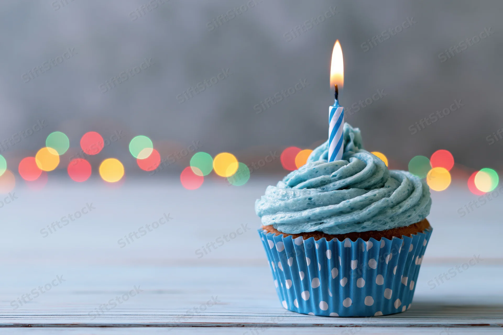Single birthday cupcake with blue frosting and lit candle on wooden table, colorful bokeh lights in background