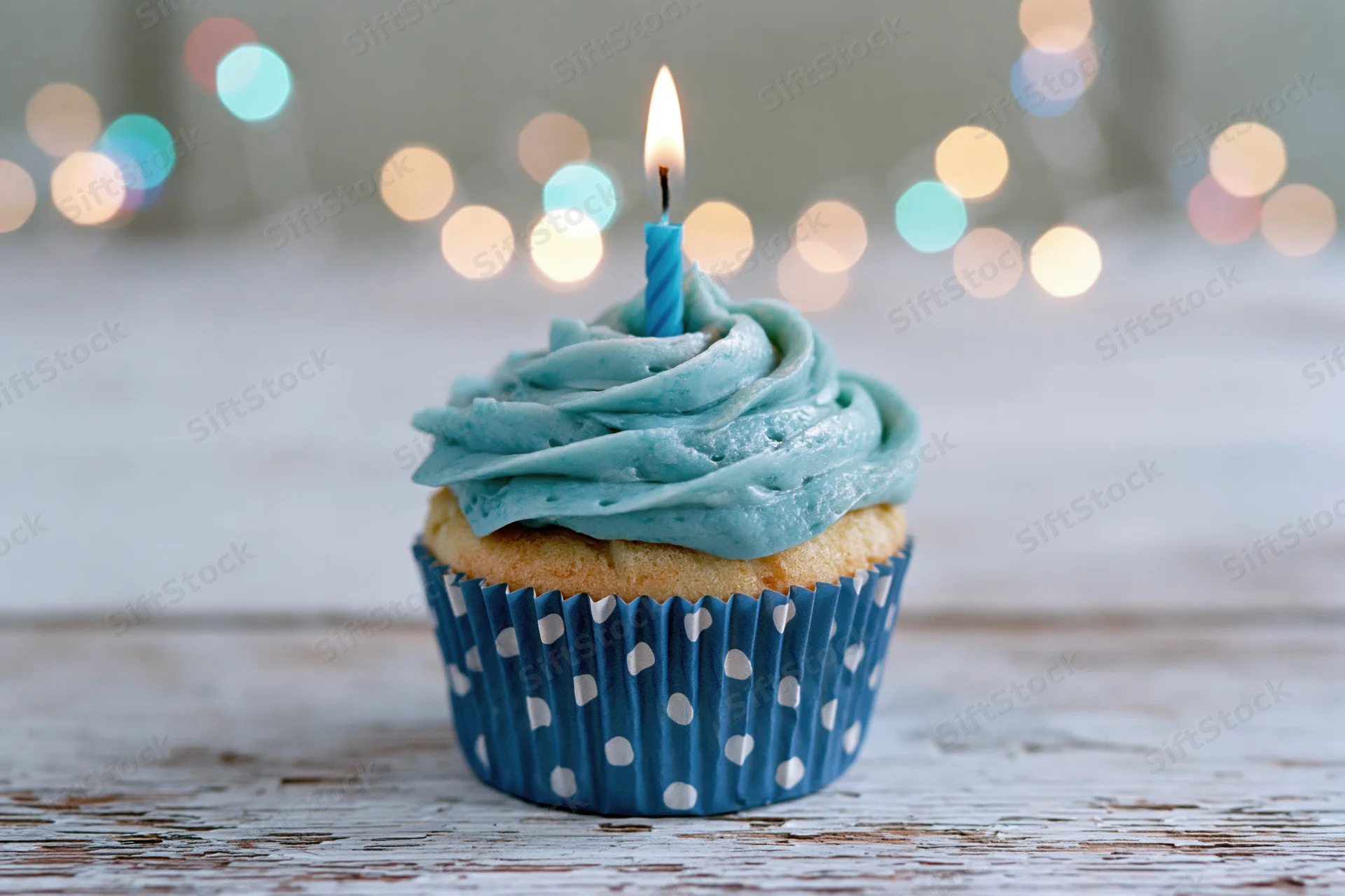 Single birthday cupcake with blue frosting and lit candle on wooden table